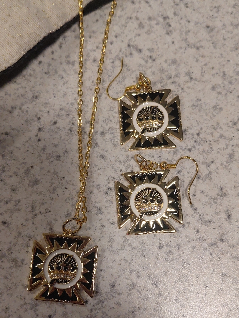 Gold and Black Sunburst Pendant Necklace and Earring Set